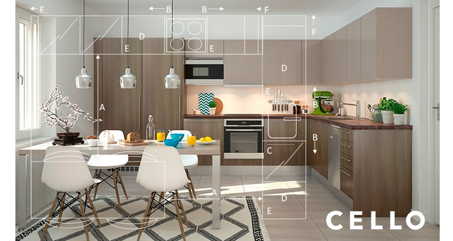 Moderni keittiö vaalean puun kaapeilla, valkoiset tuolit, metallivalaisimet ja piirrosruudukko.