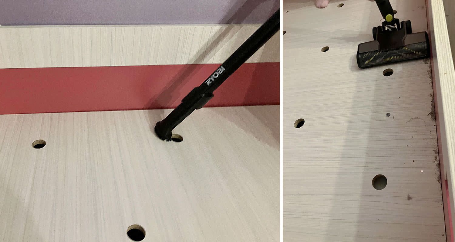 Hamsterin häkin alustilan putsaus Ryobin varsi-imurilla