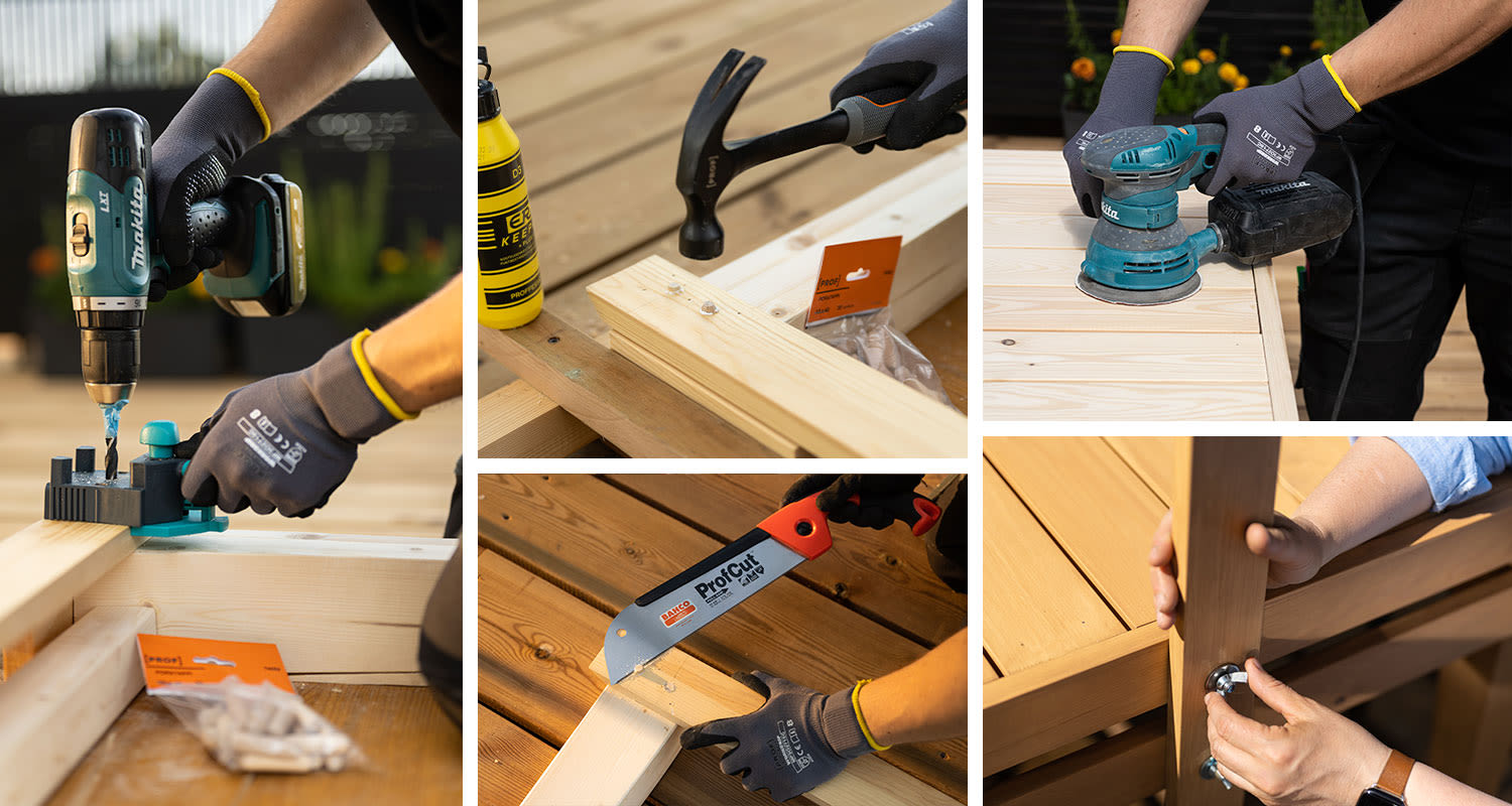 Puutarhapöydän ja koristetelineen rakentamista.