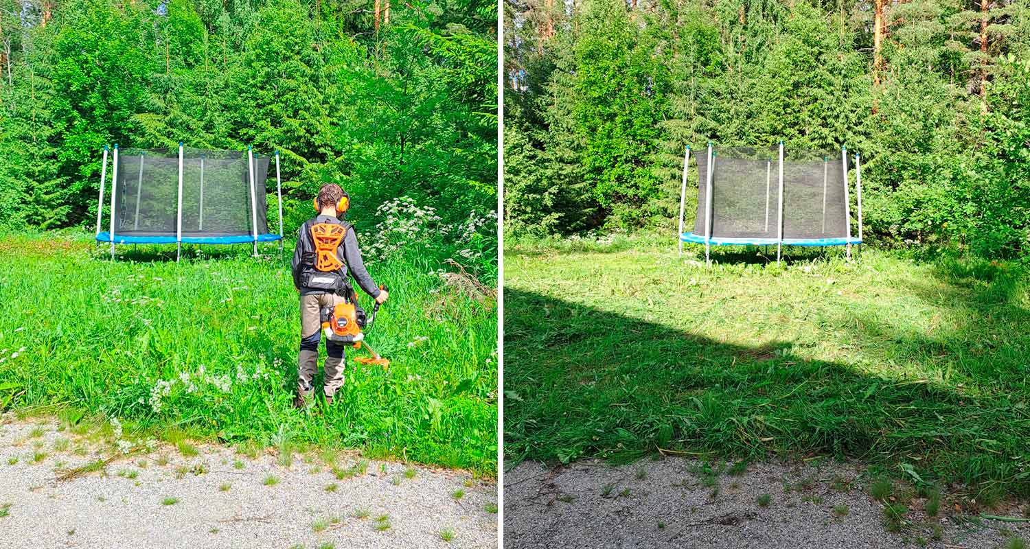 Pihamaan nurmi ennen raivausta ja sen jälkeen.