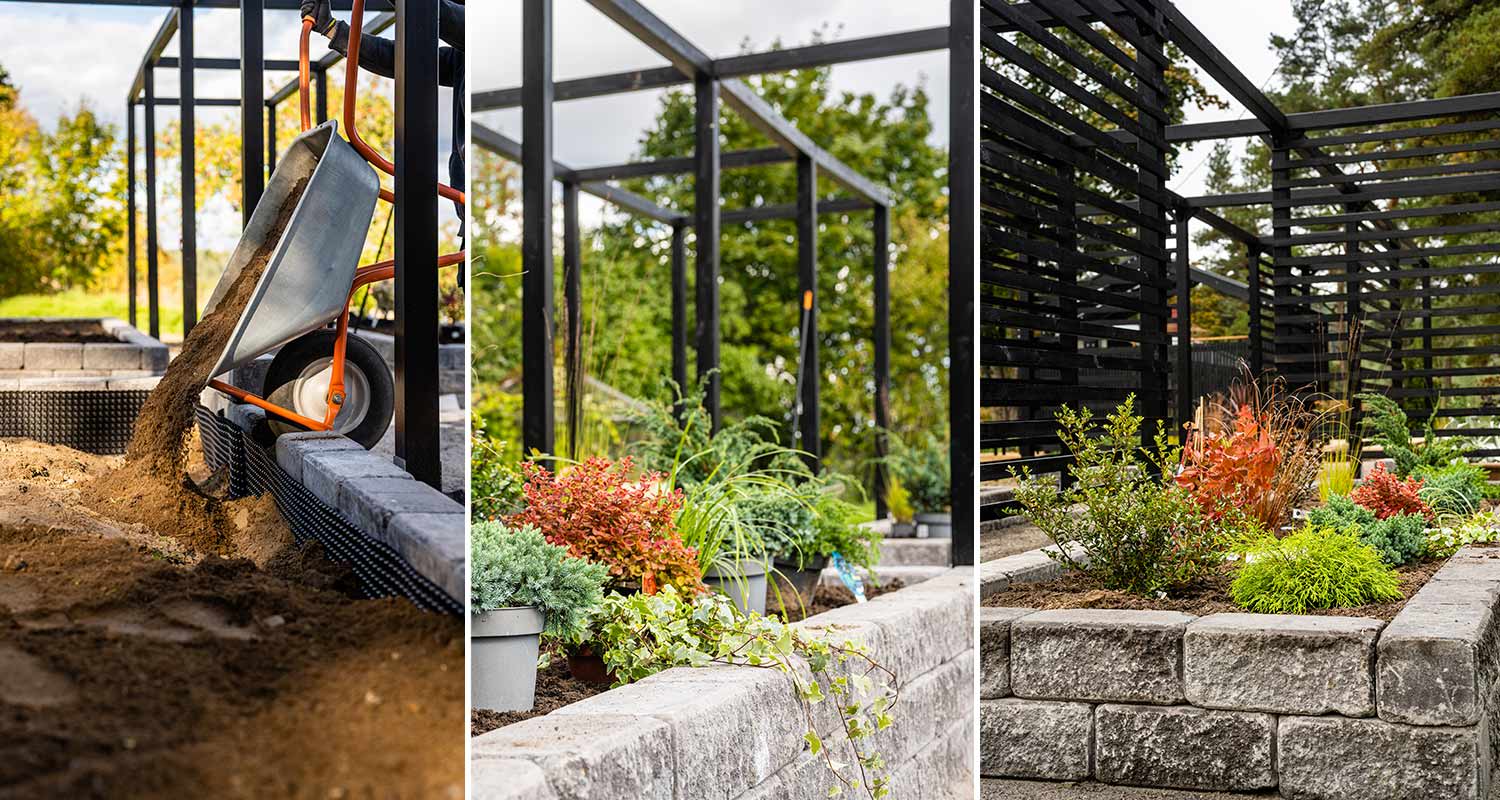 Muurikivialtaan rakentaminen kasveille ja valmis muurikiviallas