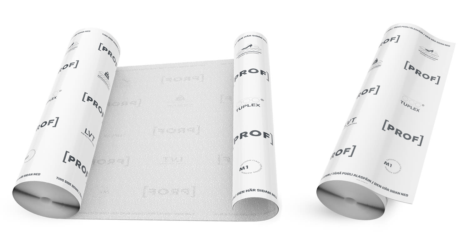 Kuvassa rullat PROF Tuplex LVT -alusmateriaalia, joka käy kaikkien lattioiden alle