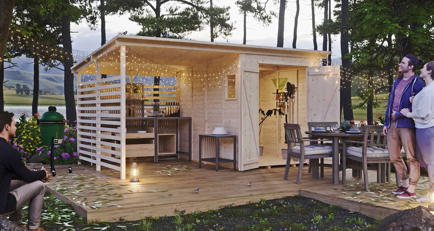 Kuvassa varasto + katos Goodiy Luulaja 9,6m² kesäkeittiönä, myynnissä K-Raudassa