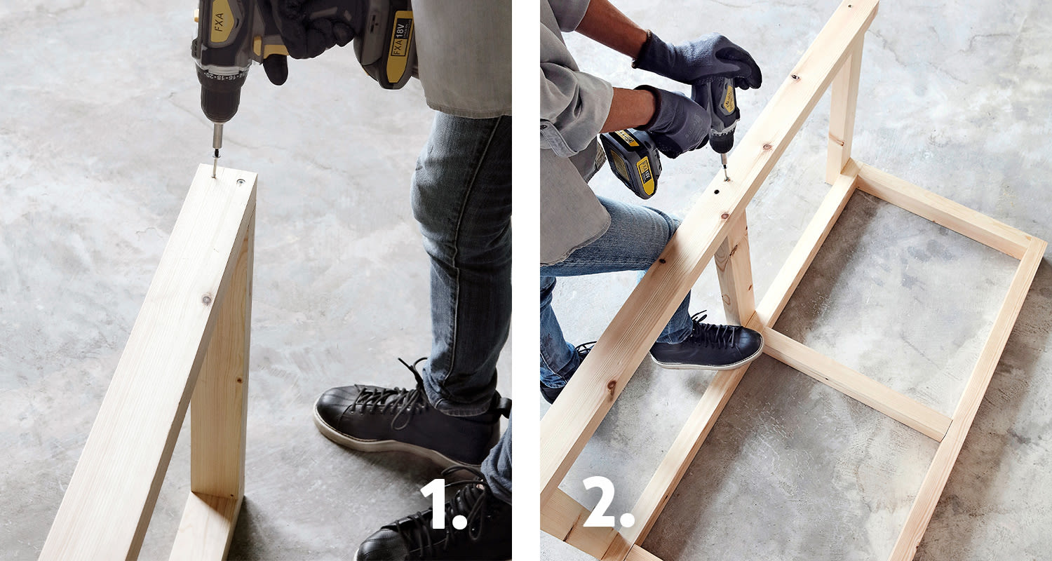 Riippukeinun rakentaminen sekä työvaiheet 1-2. Kuvassa mies tekee riippukeinun istuinosan runkoa sekä kokoaa riippukeinun selkänojaa.