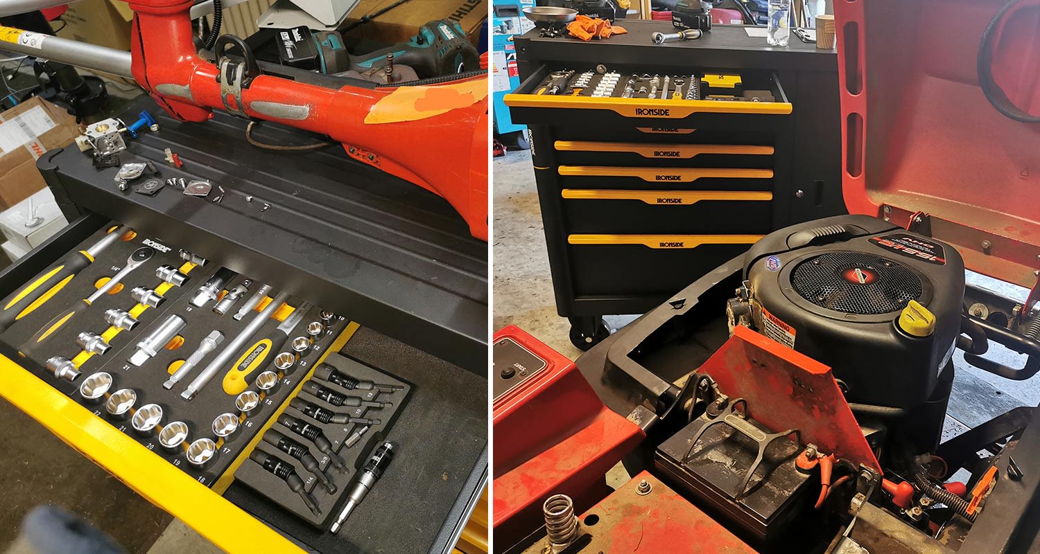 Kuvassa Ironside-merkin työkalusarjoja sekä työkaluvaunu Ironside Tactical XL. Ironside-tuotteet K-Raudan valikoimista.