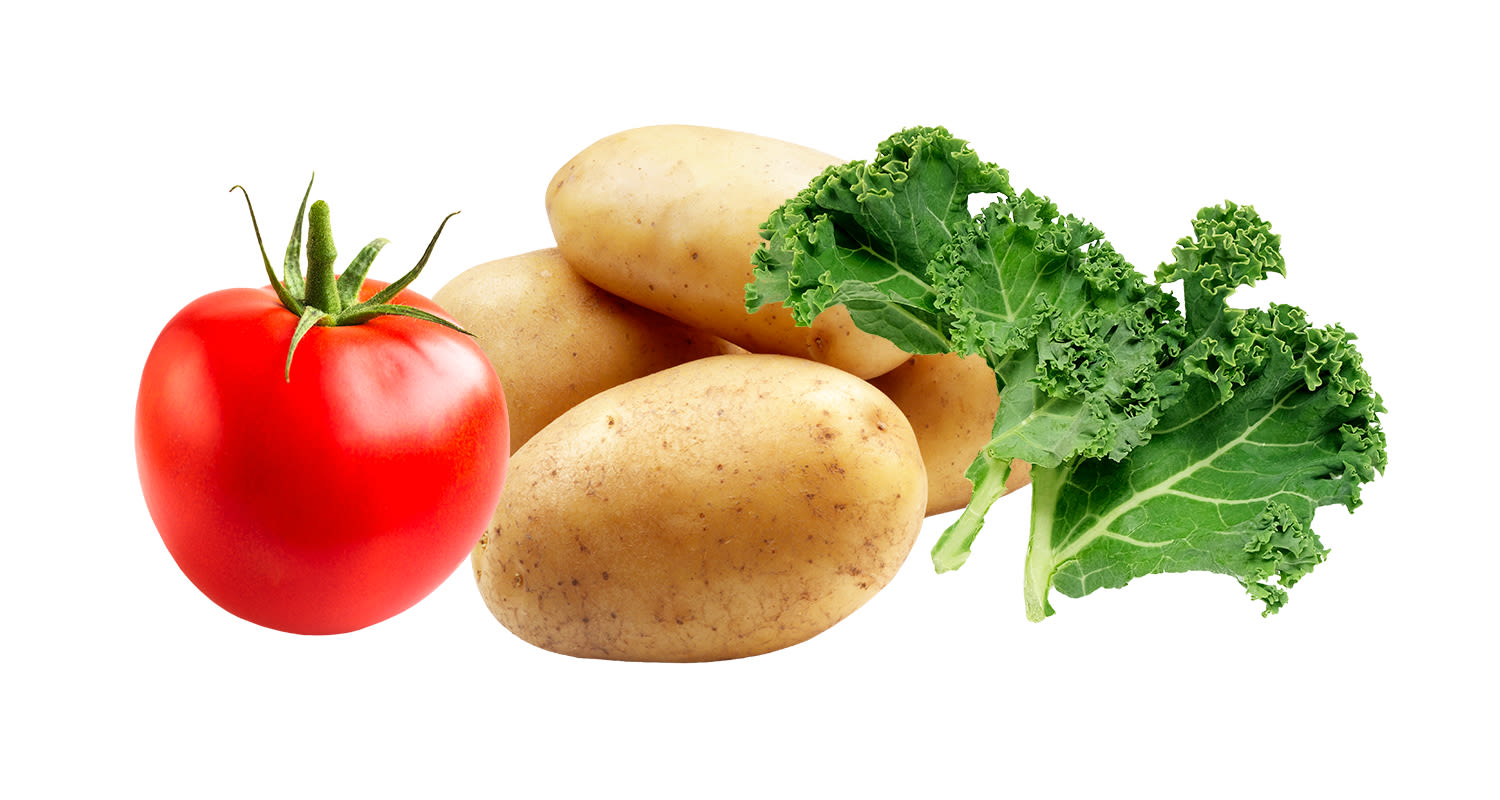 Kuvassa kolme suomalaisten suosikkikasvista, jotka ovat helppoja kasvatettavia. Katso vinkit tomaatin, perunan ja kaalin kasvatukseen.