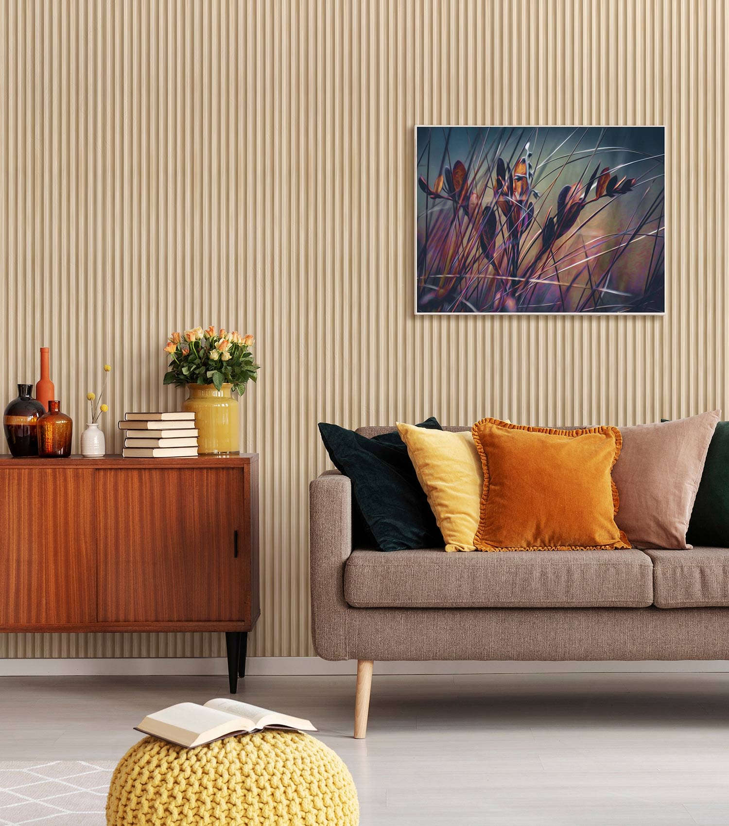 Seinäpaneelin valinta. Kuvassa trendikäs ja näyttävä vaihtoehto.