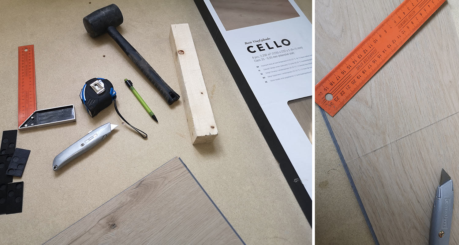 Työvälineet Cello-vinyylilankun asennuksessa