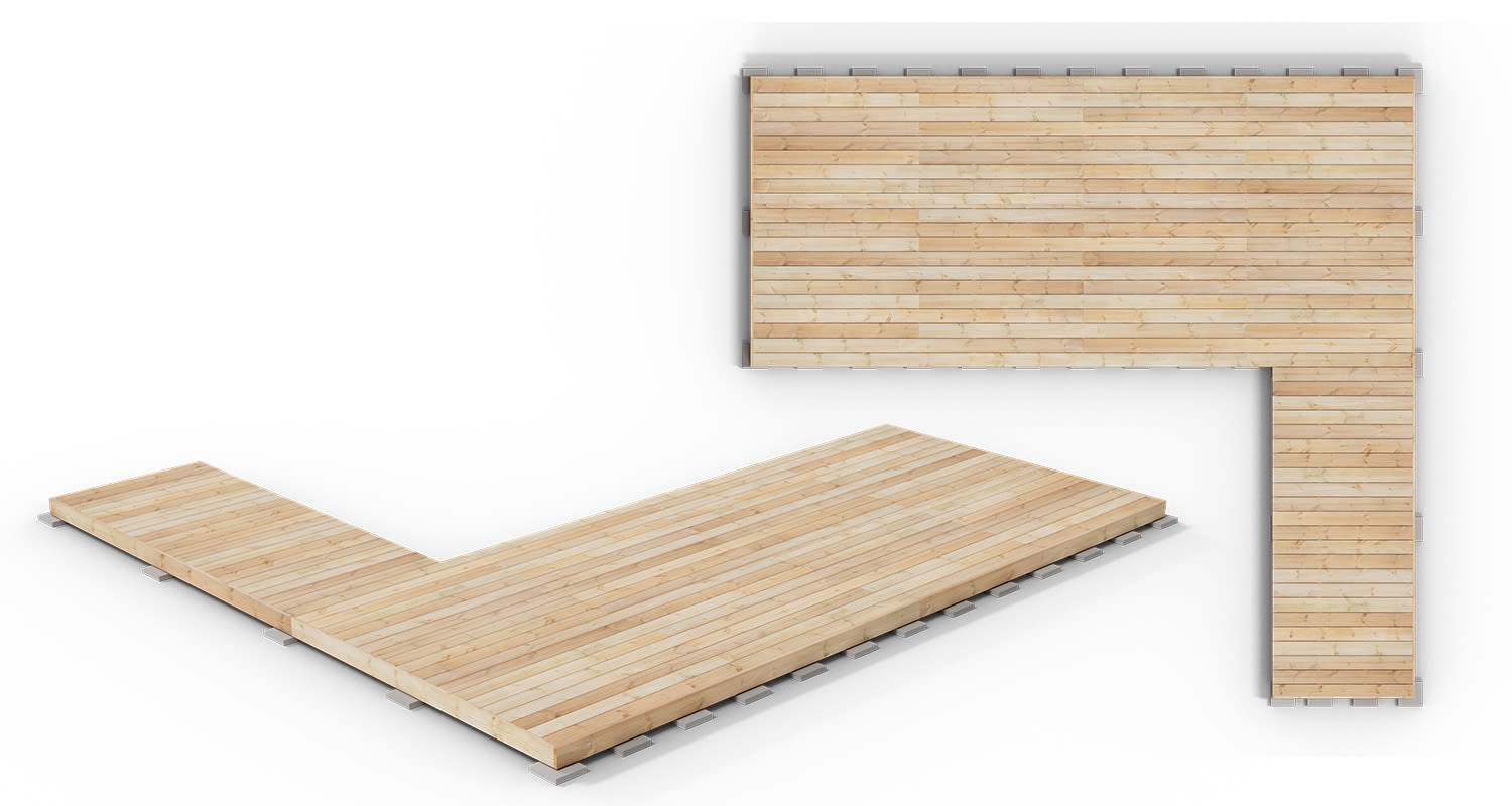 Vaalea L-muotoinen puulattia kahdessa kuvakulmassa valkoisella taustalla