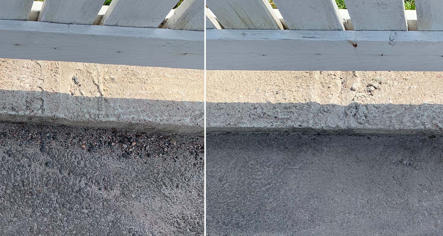 Piha ennen ja jälkeen Ryobin lakaisukoneen käyttämistä