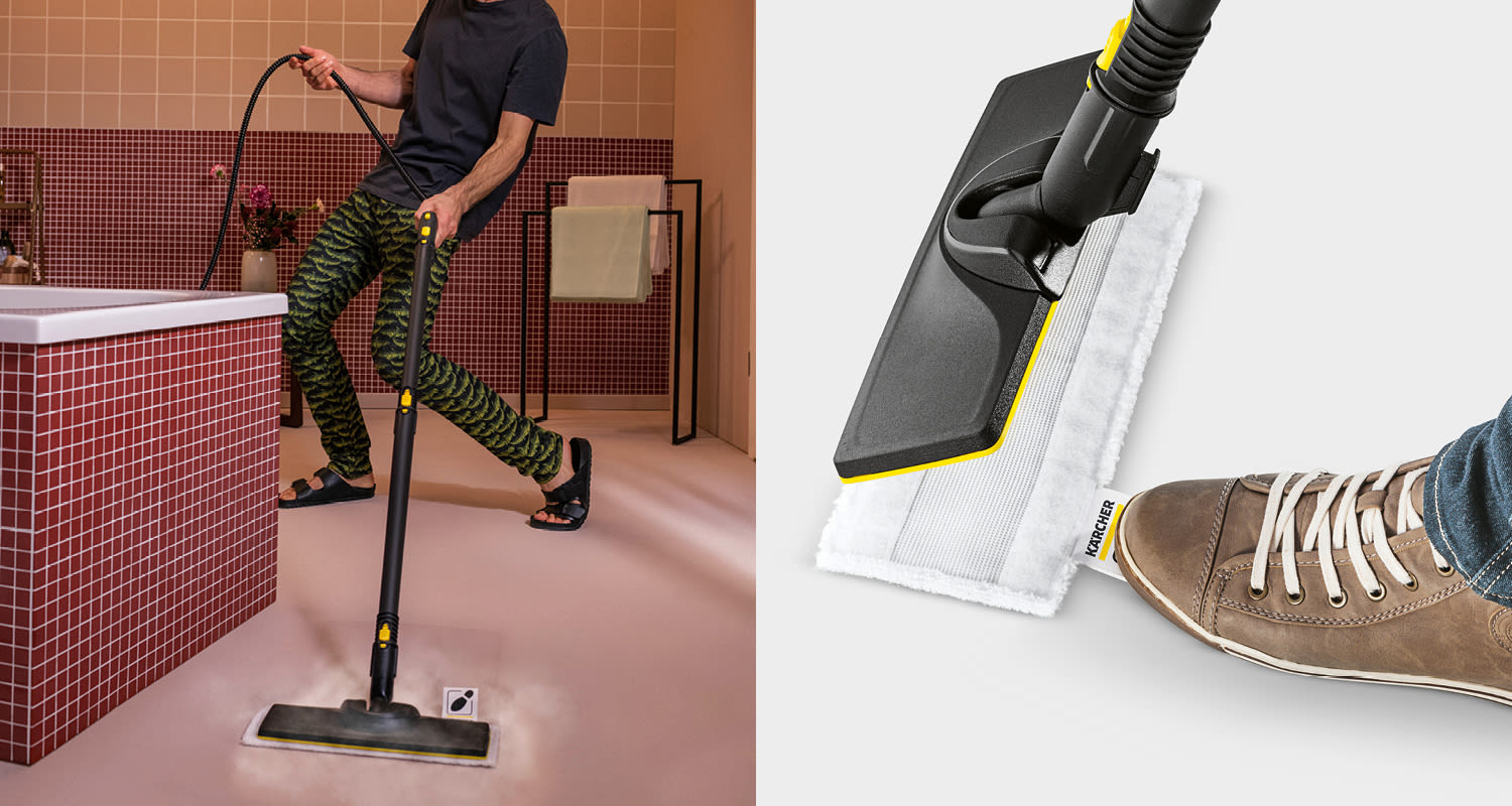 Mustakeltainen höyrymoppi puhdistaa punertavan kylpyhuoneen lattian, oikealla tennari irrottaa liinan