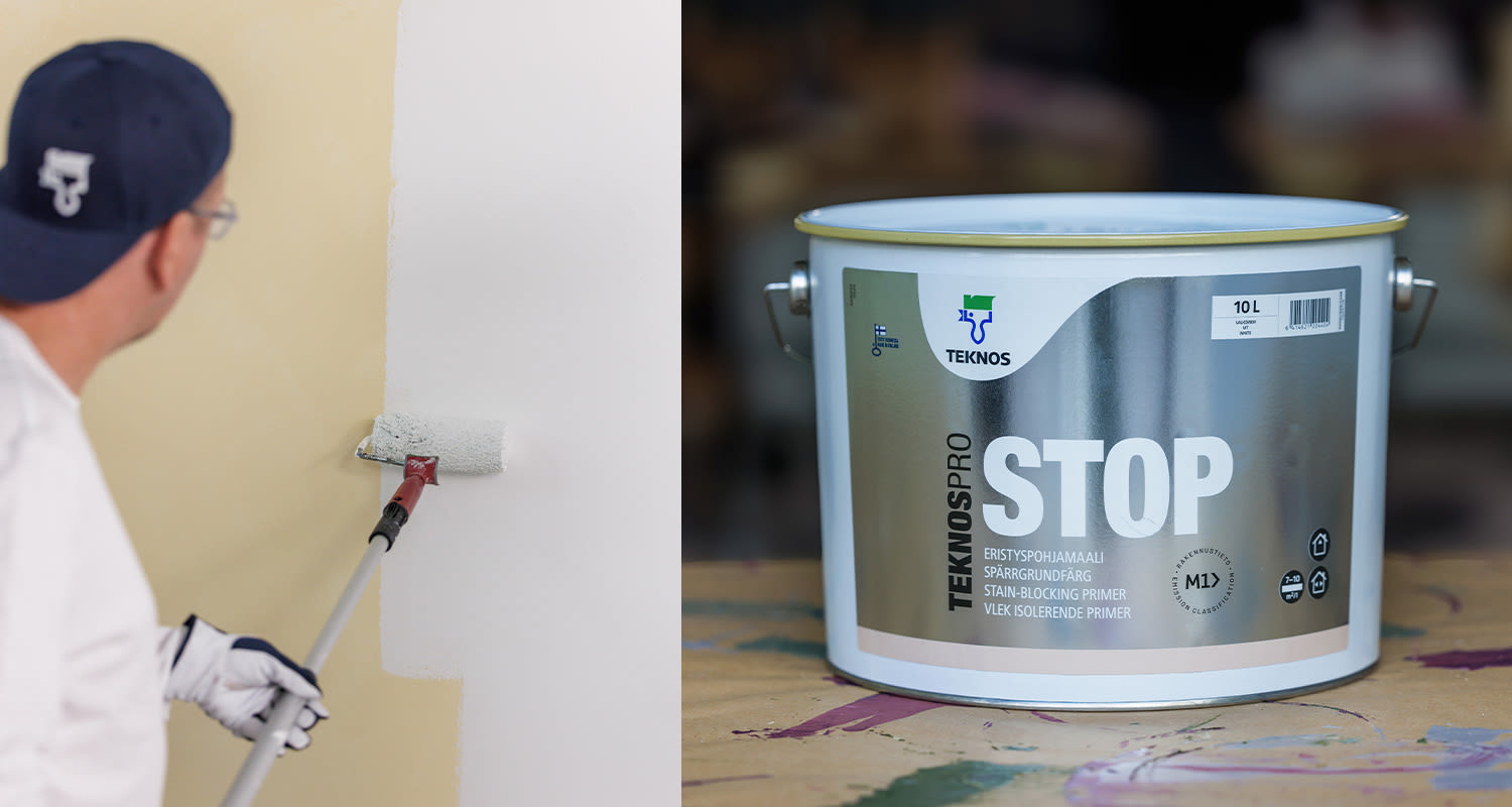 Kuvassa TEKNOSPRO STOP -eristyspohjamaali, joka on tehokas ratkaisu ammattilaisille eristysmaalaamiseen. Tuote löytyy K-Raudan valikoimista.