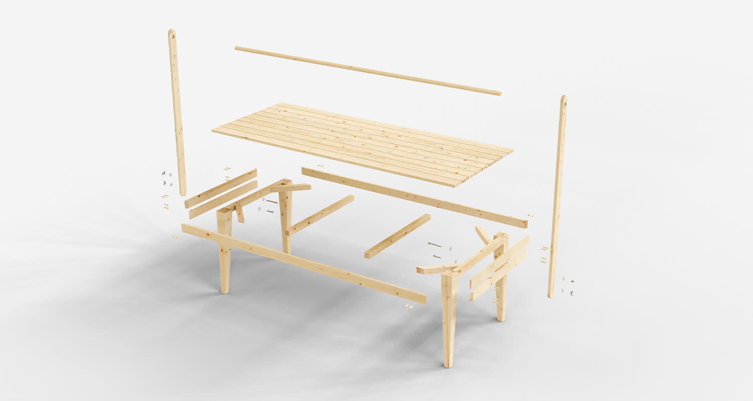 3D-mallinnus puutarhapöydän rakenteesta