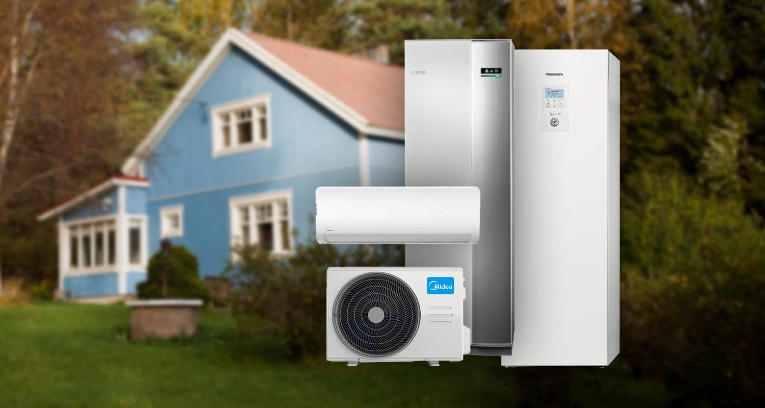 Ilmalämpöpumppu, ilma-vesilämpöpumppu ja maalämpöpumppu omakotitalon edessä.