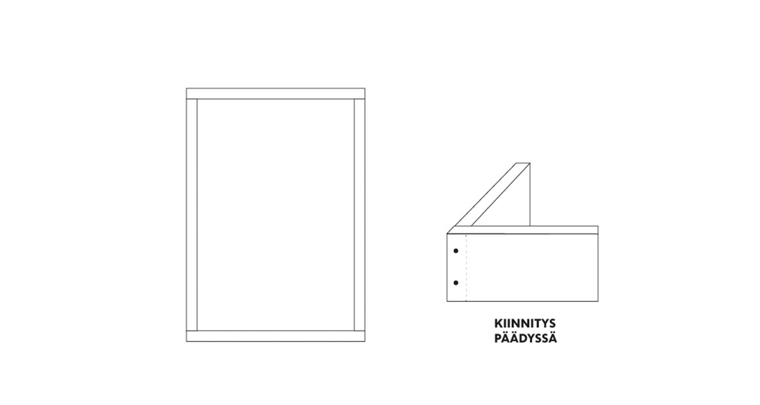 Musta-valkoinen piirros: etu- ja sivukuva suorakulmaisesta kehikosta ja teksti KIINNITYS PÄÄDYSSÄ