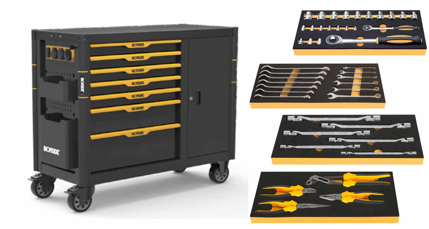 Pyörällinen musta-keltainen työkärry ja viisi alustaa: hylsy- ja jakoavaimet, jatkovarret ja pihdit.