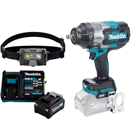 Otsavalaisin Ledlenser HF6R Core musta 800lm ladattava  sekä iskevä mutterinväännin Makita TW002GZ 40V XGT.