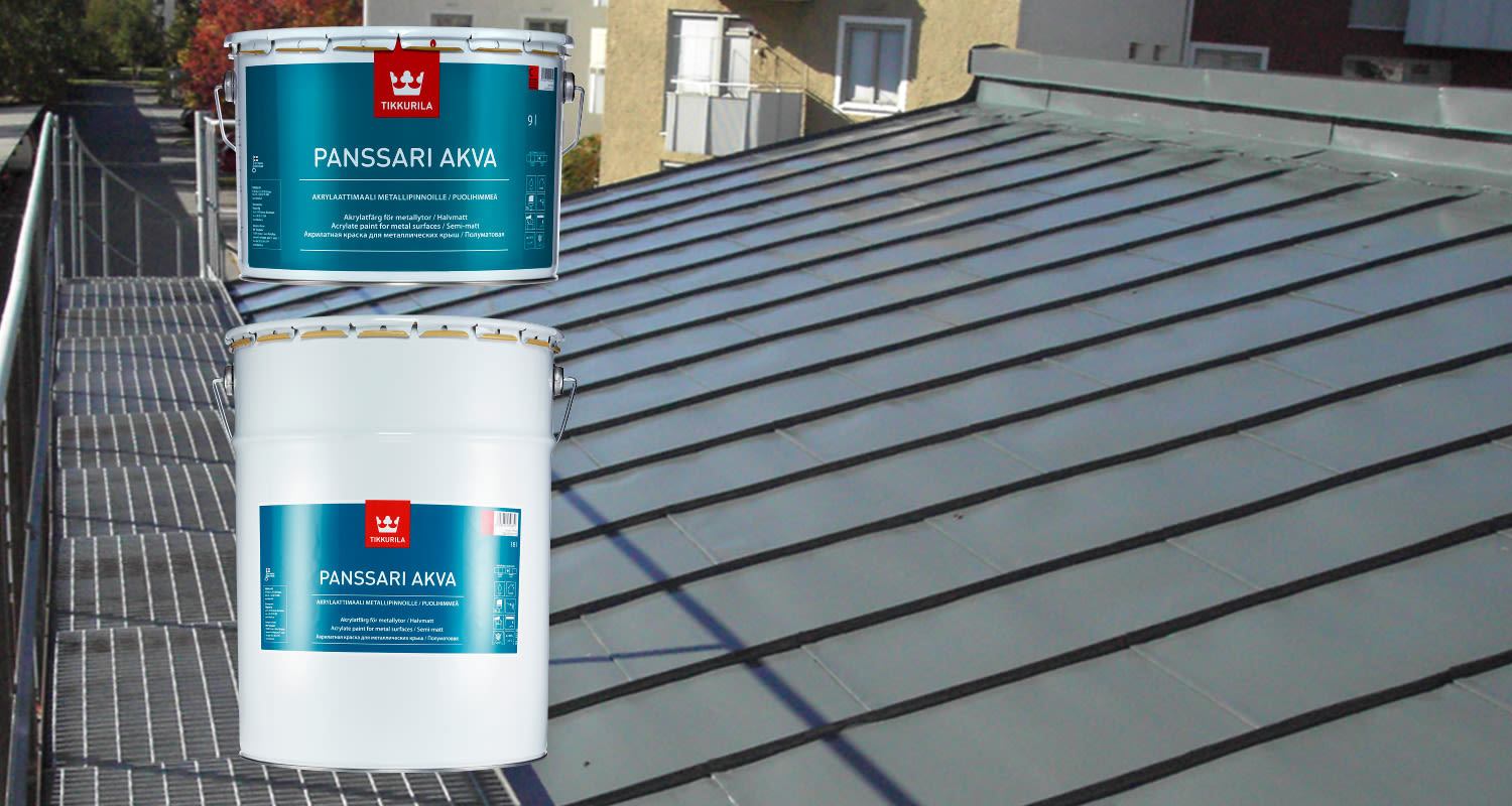 Tikkurilan Panssari Akva peltikattomaali ja harmaa peltikatto