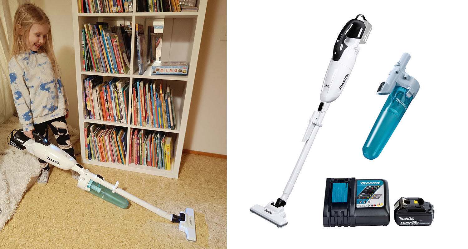 Lapsi imuroi kotona omaa huonettaan varsi-imurilla