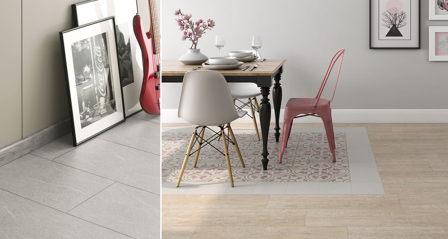 Harmaa sekä valkoinen pelkistetty jalkalista huonetilassa