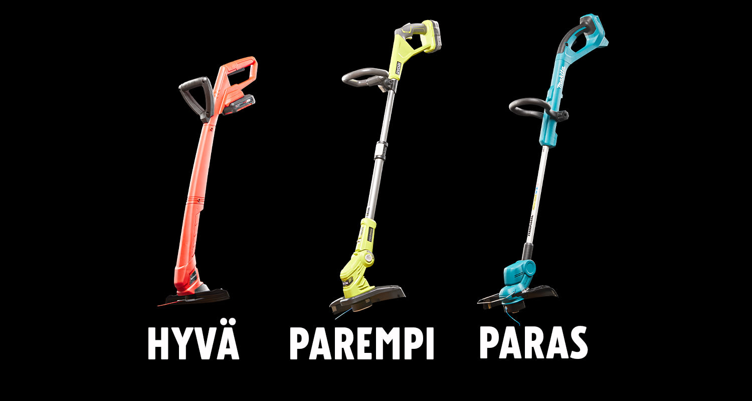 Hyvä, parempi ja paras akkutrimmeri. Kuvassa Einhellin, Ryobin sekä Makitan akkutrimmerit.