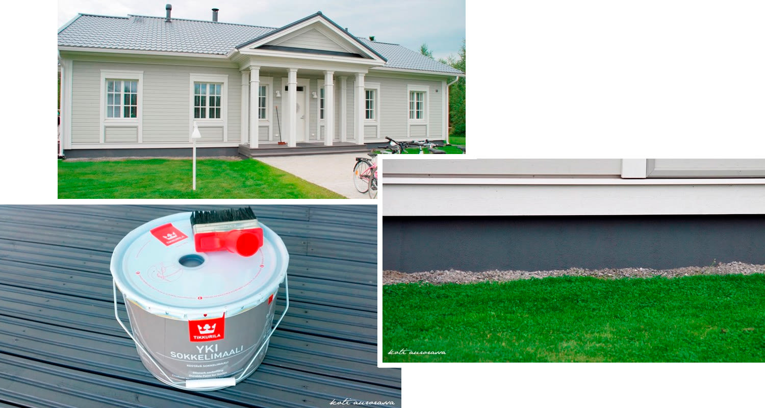 Vaaleanharmaa talo valkoisin pylväin, vihreä nurmikko ja Tikkurila Yki-sokkelimaalipurkki