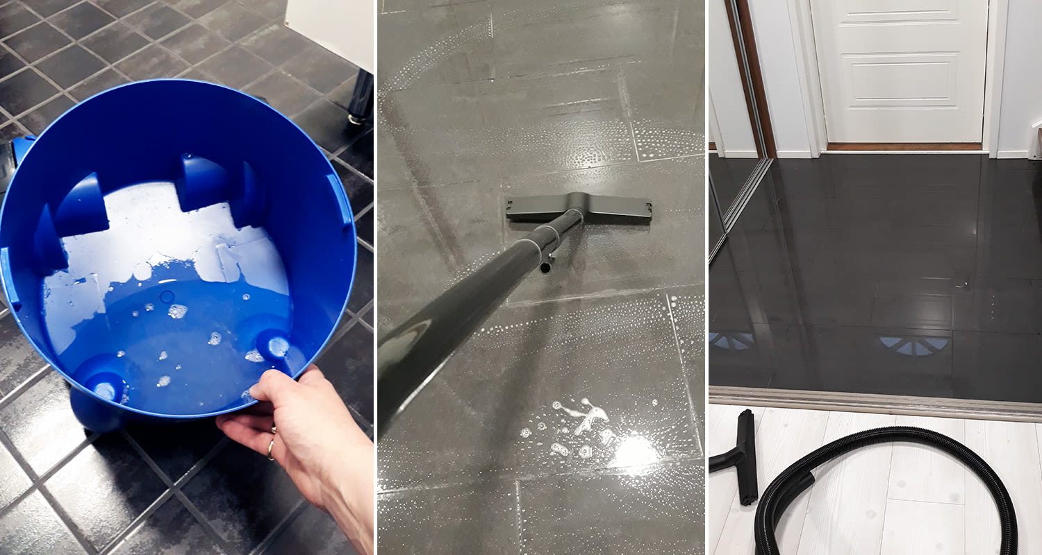 Eteisen laattalattian imurointi märkätoiminnolla