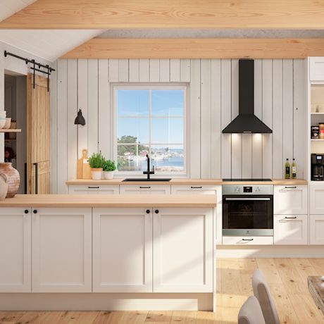 Kuvassa Cello-keittiömalliston vaalea Vappula-ovimalli. Cello-keittiöitä myy K-Rauta.