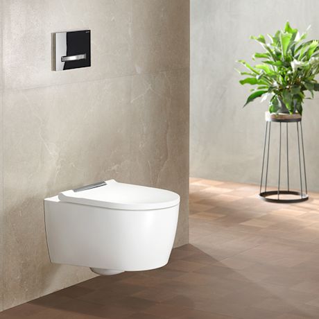 Valkoinen seinä-WC mustalla huuhtelupainikkeella, puulattia ja vihreä kasvi metallijalustalla.