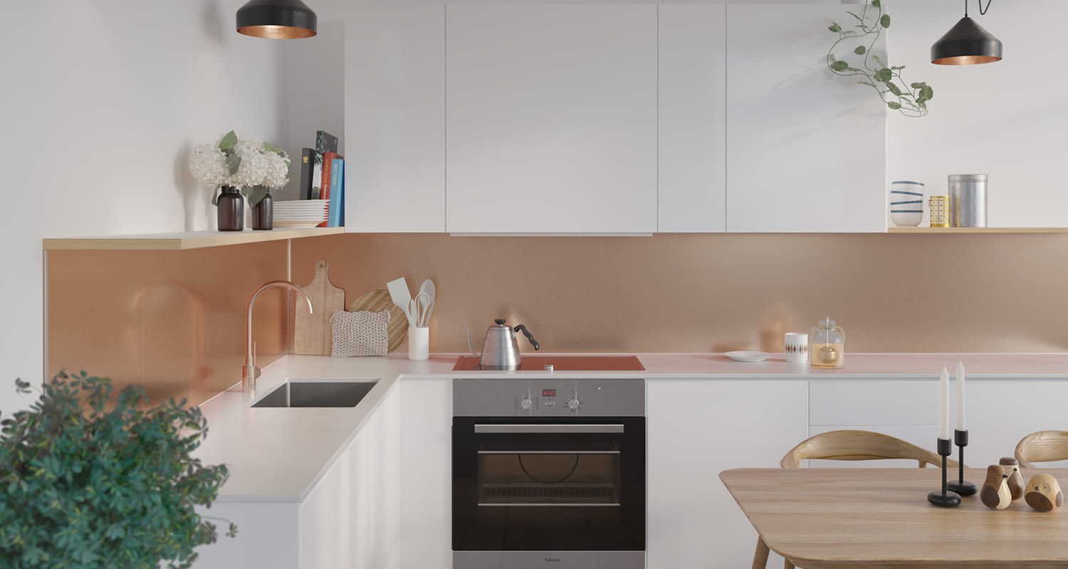 Keittiön ilme päivittyy helposti näyttäväksi, kun valitset keittiön välitilaan näyttävän Fibo 5006-K00 Metal Copper -välitilalevyn. Tuotetta myy K-Rauta.