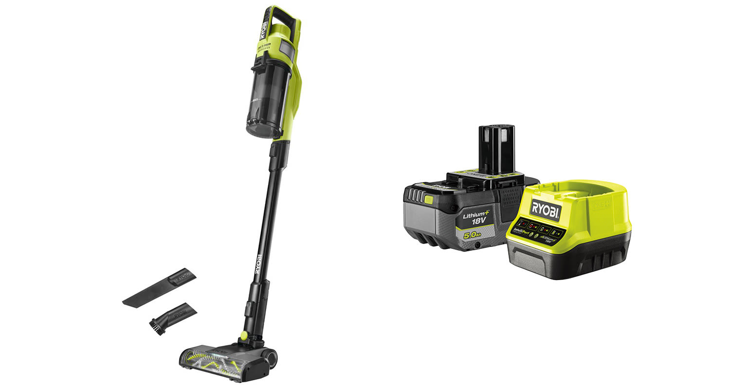 Kuvassa K-Raudan valikoimista löytyvä varsi-imuri Ryobi RSV18X-0 18V ONE+ BL hiiliharjaton moottori ja
akku ja laturi Ryobi RC18120-150X 18V ONE+ 5,0Ah