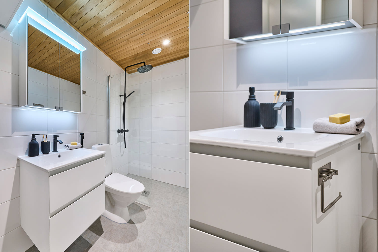 Raikas vaalea kylpyhuone, jossa on Keskon laatat ja kylpyhuonekalusteet.