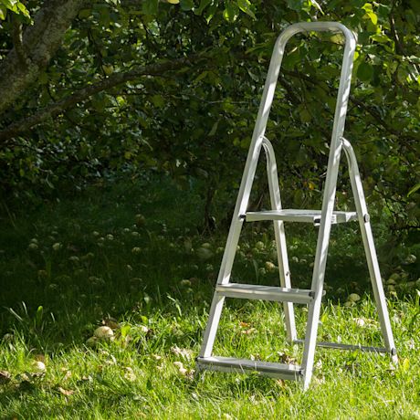 Hopeiset tikkaat omenapuun alla ruohikossa, vihreitä omenia maassa.