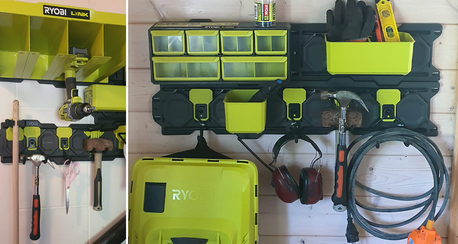 Kuvassa säilytyslokerikko Ryobi RSLW309 LINK™-säilytysjärjestelmään sekä muita lokeroja ja koukkuja kiinnitettynä Ryobin seinäsäilytysjärjestelmään. Tuotteita myy K-Rauta.