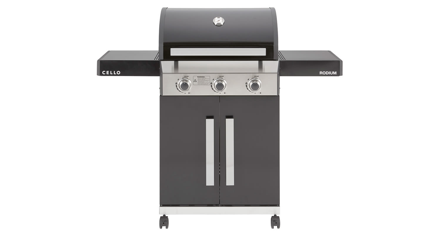 Musta ja ruostumaton kaasugrilli kolmella säätönupilla, sivutasot, kaappi ja pyörät.