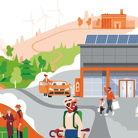 Oranssi-harmaa latausasema aurinkopaneelikatolla, sähköauto ja vihreä maisema tuulimyllyineen