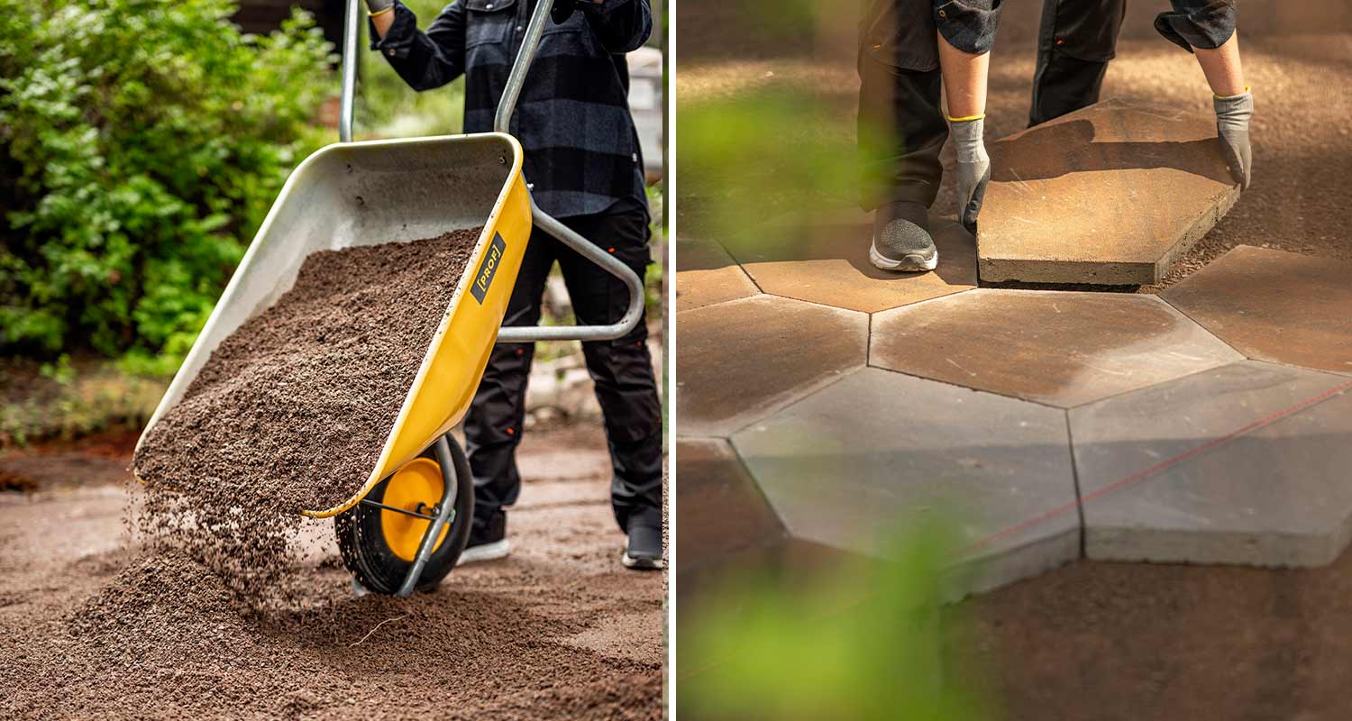 Keltainen kottikärry kaataa ruskeaa hiekkaa, ja henkilö asettelee kuusikulmaisia betonilaattoja.