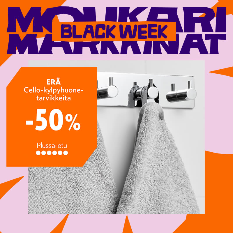 Kuvassa black week kampanjan logo sekä Cellon pyyhekoukut ja harmaat pyyhkeet.