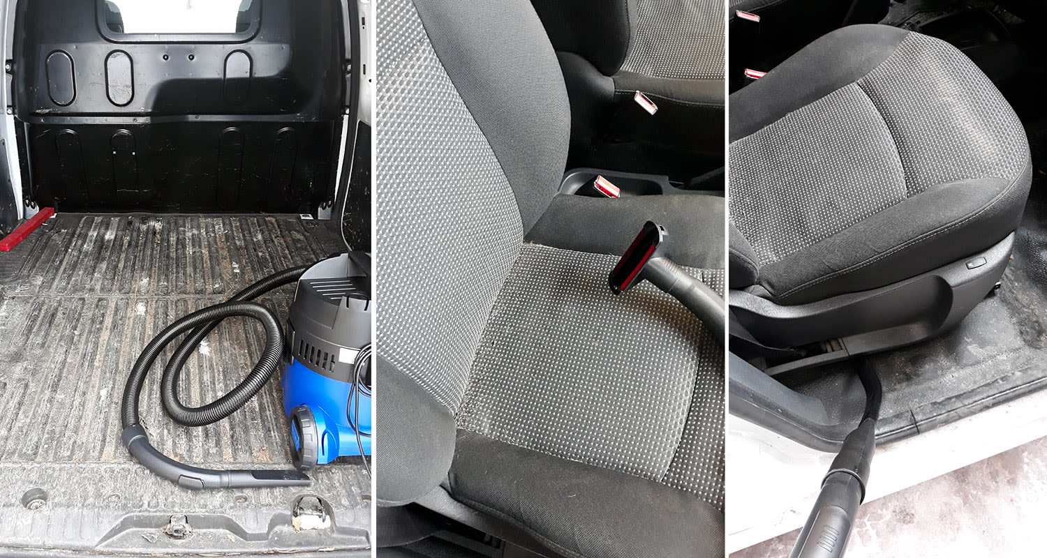 Auto ennen imurointia ja Nilfisk Buddy -imurin autosuulakkeet käytössä istuimen ja sen alustan imurointiin