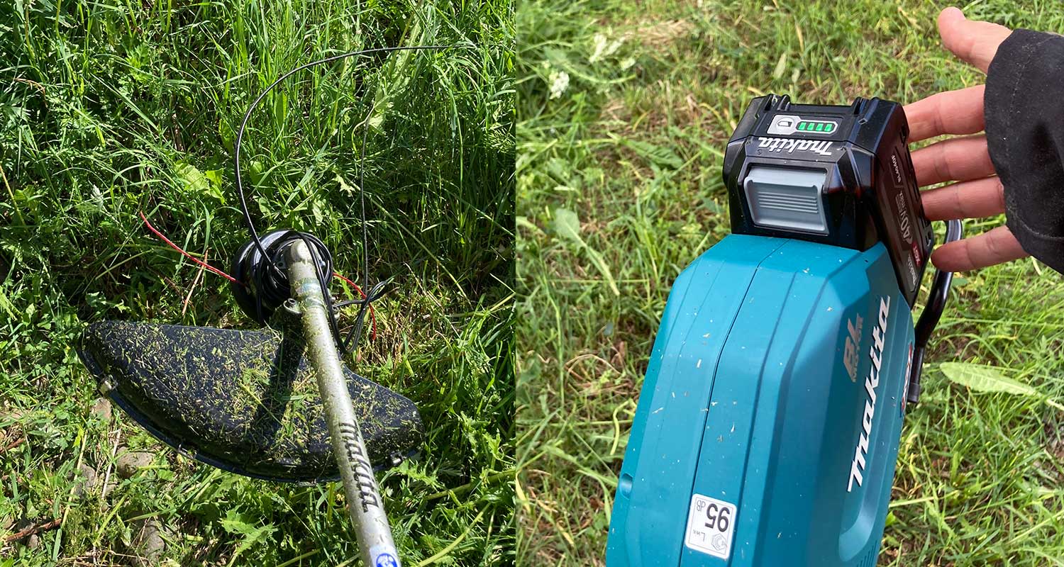 Lähikuvassa raivaussaha Makita UR013GZ05 40V XGT sekä sahassa kiinni oleva akku Makita BL4040F 40V XGT 4,0Ah High Power. Tuotteet K-Raudasta.