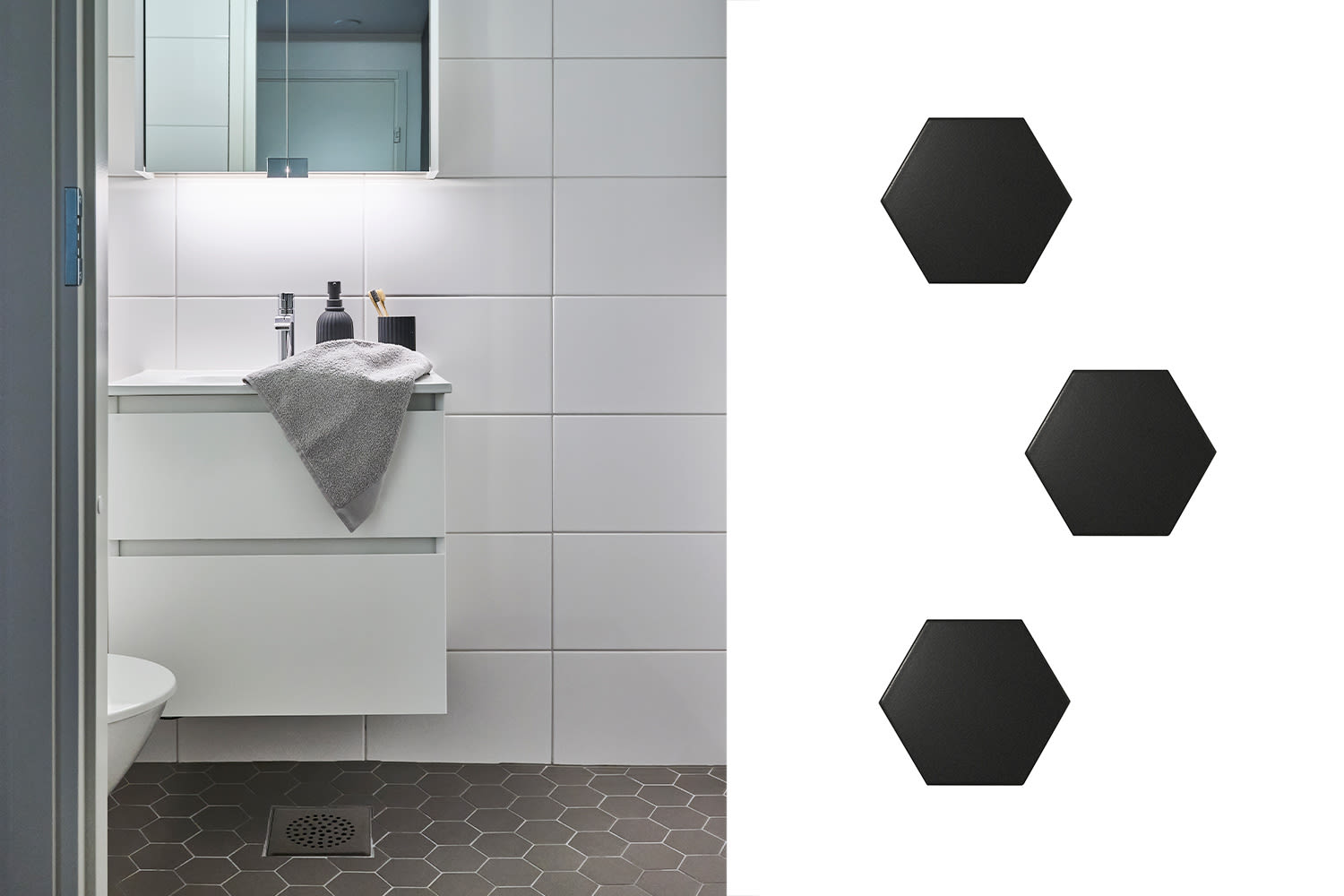 Pienen WC:n lattiassa on klassinen 6-kulmainen Scale-laatta, joka säväyttää tilaa kivasti. Seinässä perinteinen valkoinen Primus 25x40 valkoinen kiiltävä. Tuotteet K-Raudan valikoimista.