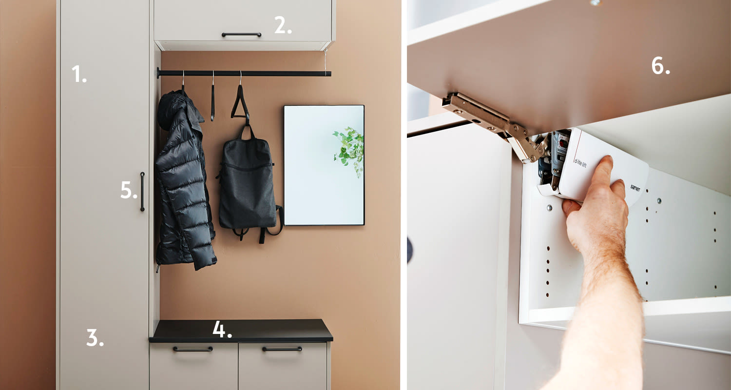 Beige seinä, valko-musta eteishylly, peili, musta takki ja reppu; käsi asentaa valkoista anturia.