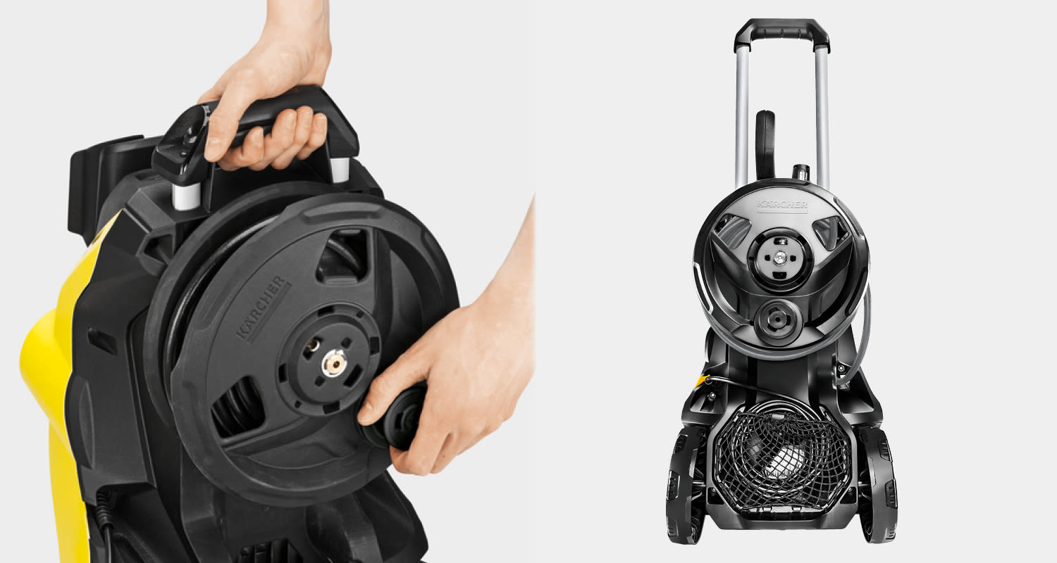 Keltamusta Kärcher-painepesuri, jossa kädet kelaavat mustaa letkua rullalle