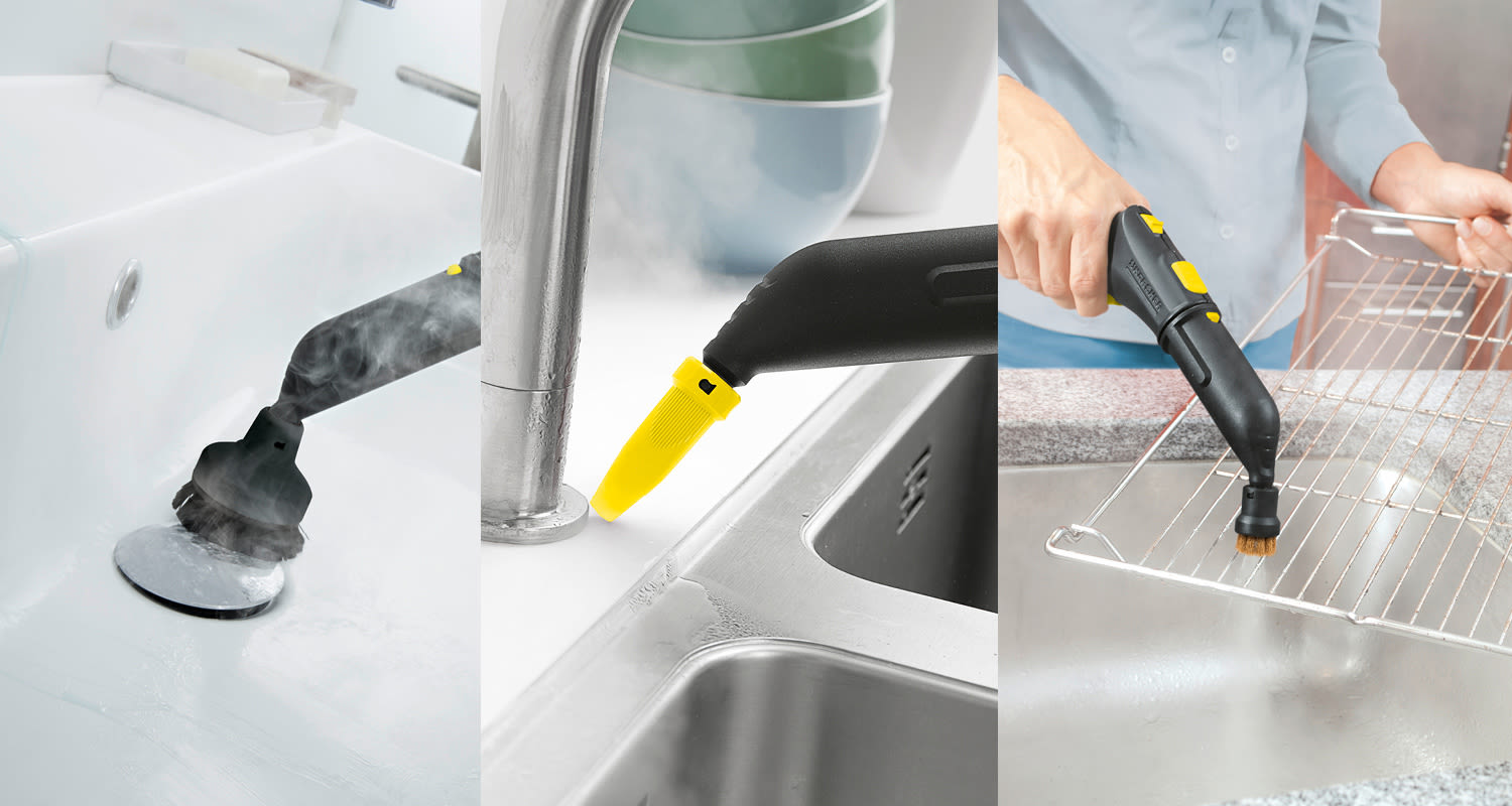 Musta-keltainen höyrypuhdistin irrottaa likaa valkoisesta altaasta, hanan juuresta ja ritilästä.