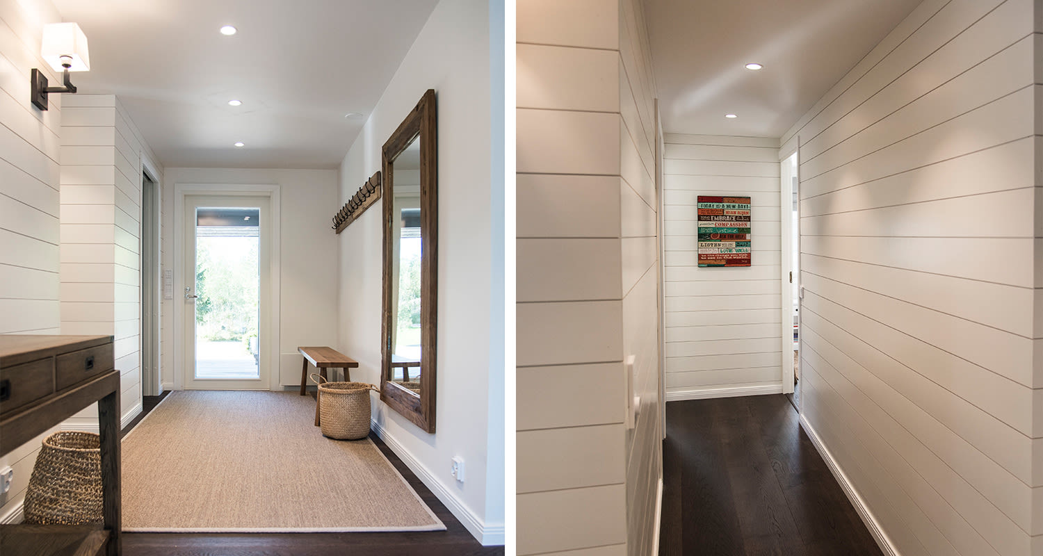 K-Rauta oli mukana remontoimassa Jere ja Jaana Lehtisen kesämökkiä Huvila & Huussi -ohjelmassa. Kuvassa uusittu pääsisäänkäynti sekä käytävä ja uudet sisäpinnat.