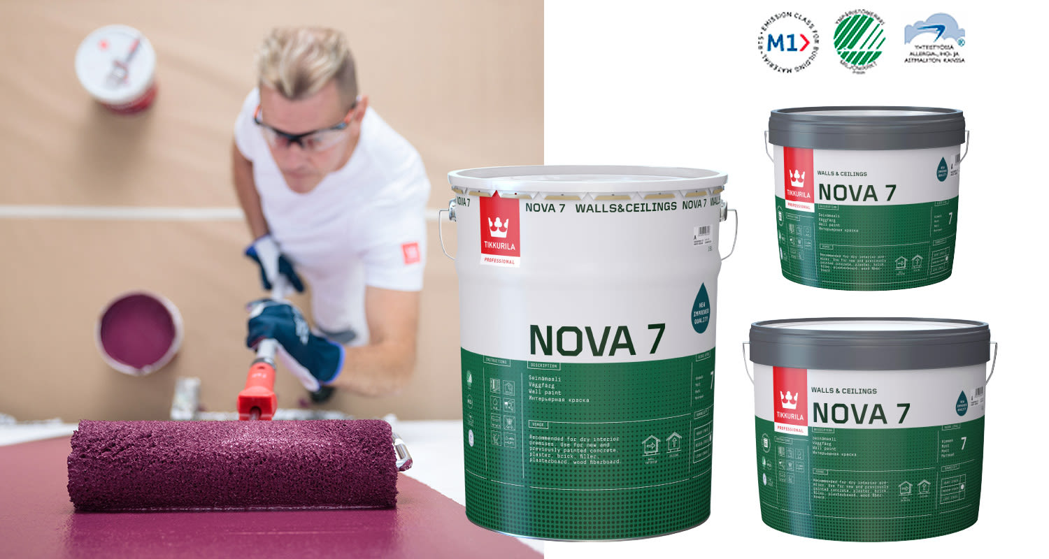 Nova 7 rakennusmaalisarja ammattikäyttöön K-Raudasta, saatavissa kolmessa eri pakkauskoossa: 2 l, 9 l ja 18 l