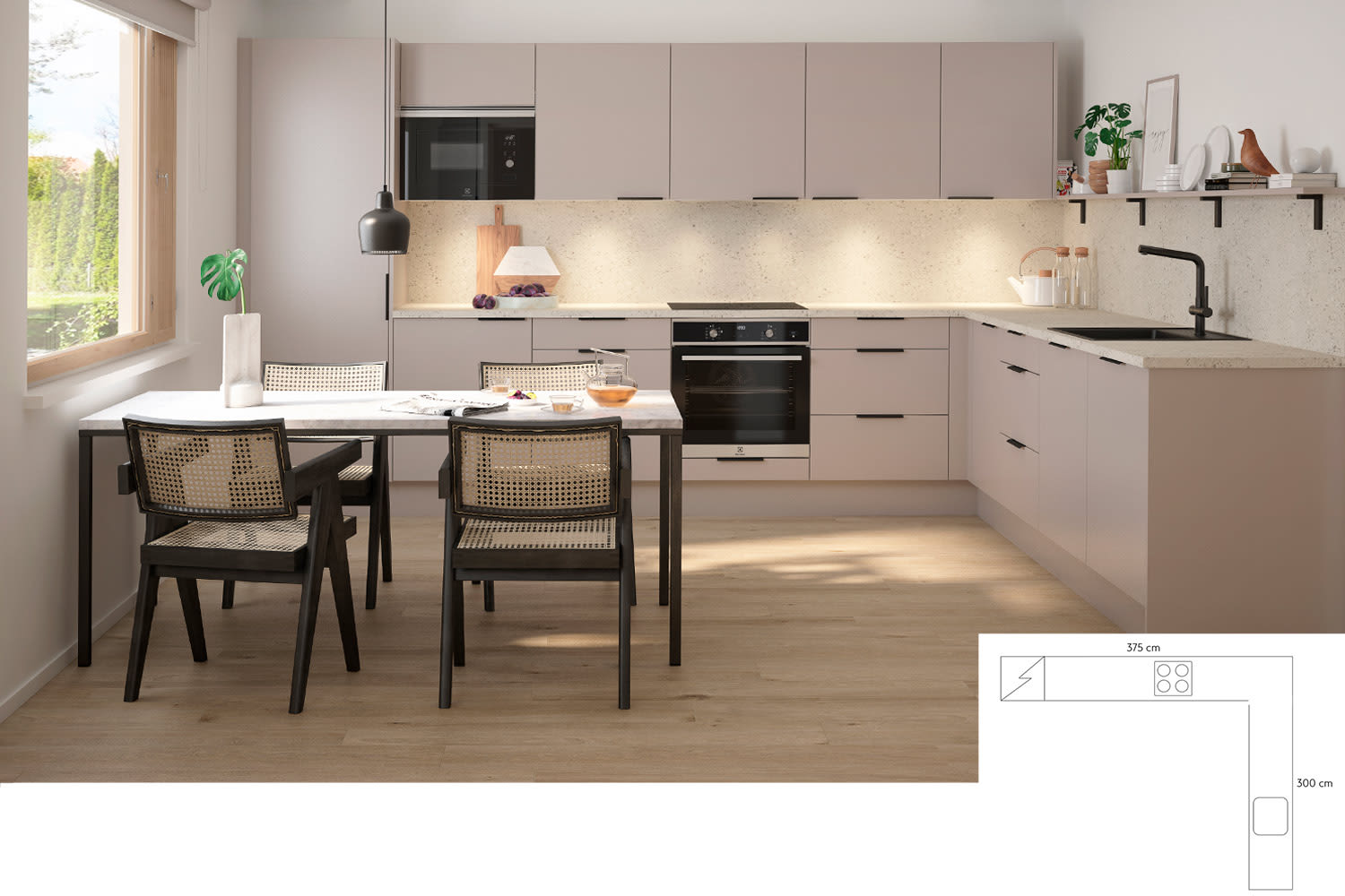 Cello-keittiöiden mallistot, kuvassa Kaivanto ovimallillinen keittiö. Cello-keittiöitä myy K-Rauta.