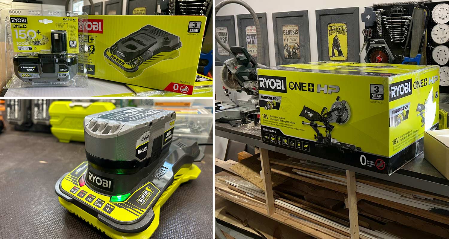 Testituotteet valmiina testiin: akku ja laturi Ryobi RC18120-150X 18V ONE+ 5,0Ah sekä katkaisu- ja jiirisaha Ryobi RMS18254X-0 18V ONE+ HP
