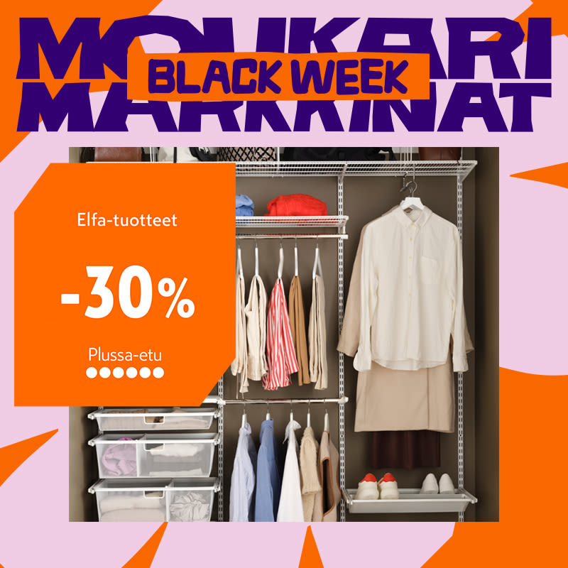 Kuvassa black week logo ja elfan säilytysjärjestelmä sekä prosenttialennus -30%.
