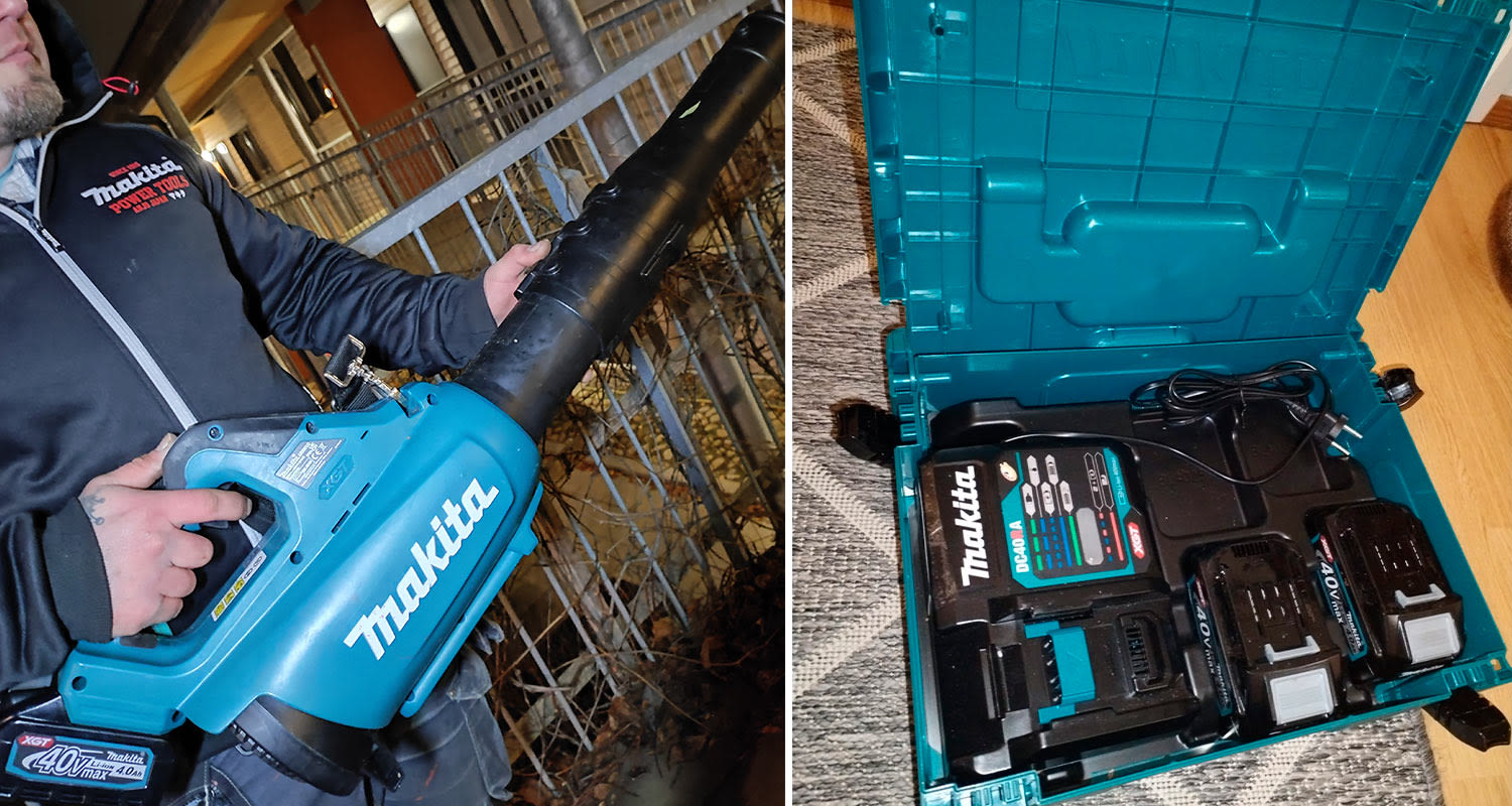 Kuvassa testaajalla puhallin Makita UB001GZ 40V XGT hiiliharjaton sekä akut ja laturi Makita XGT 2x4,0Ah ja DC40RA Makpac-laukussa. Nämä Makita-tuotteet löydät K-Raudasta.